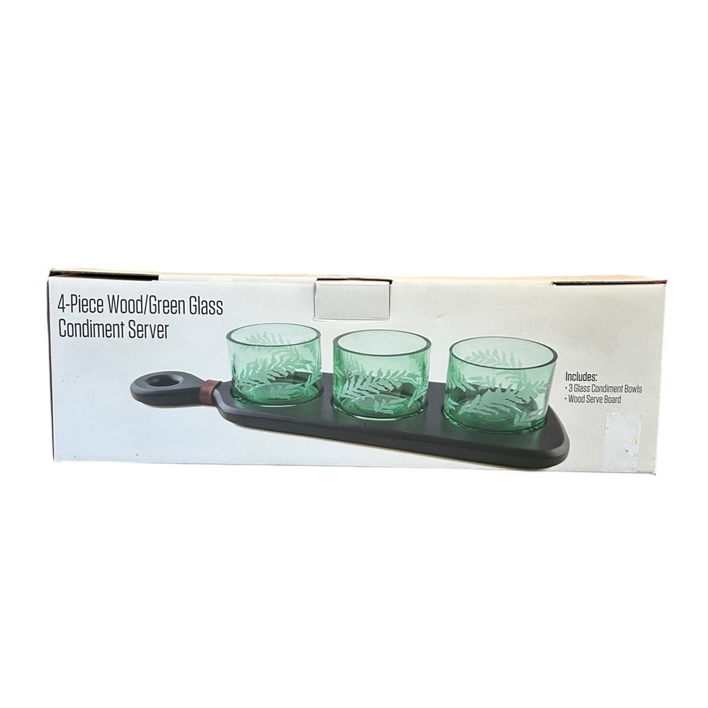Thirstystone 4 Piece Wood Green Glass Condiment Server Set With Fern Etching NWT